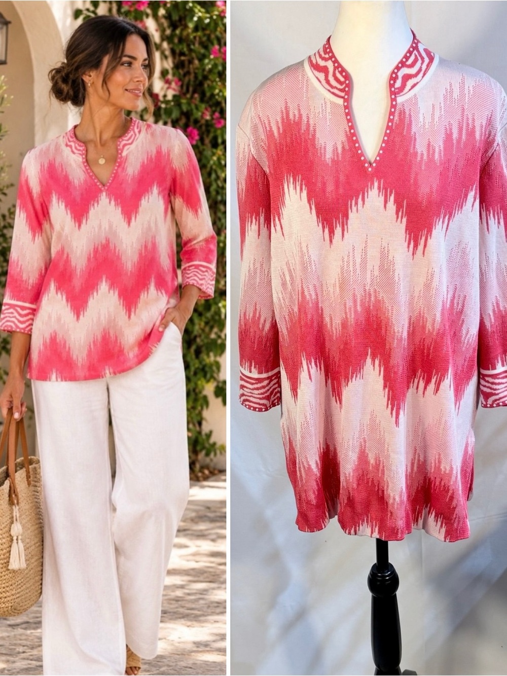 💥Ming Wang Pink Ikat Beaded V-Neck 3/4 Sleeve Tunic Top Women’s XL💛